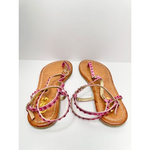 GBG Los Angeles T Strap Sandals Size 7.5 Pink Gold Logo Ankle Strap - Picture 4 of 6